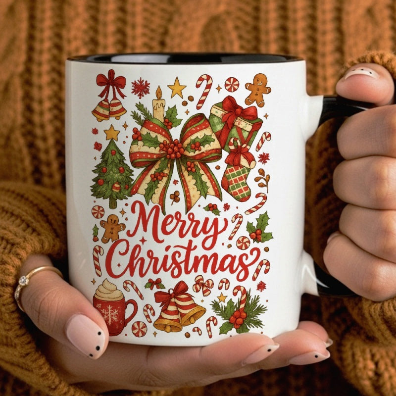 Tailorly Black Accent 11 oz Mug - gingerbread， bows， trees， snowflakes， golden lettering