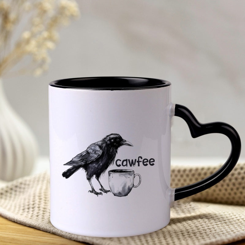 Tailorly Black Accent 11 oz Mug - heart shaped handle， humorous crow， sketch style