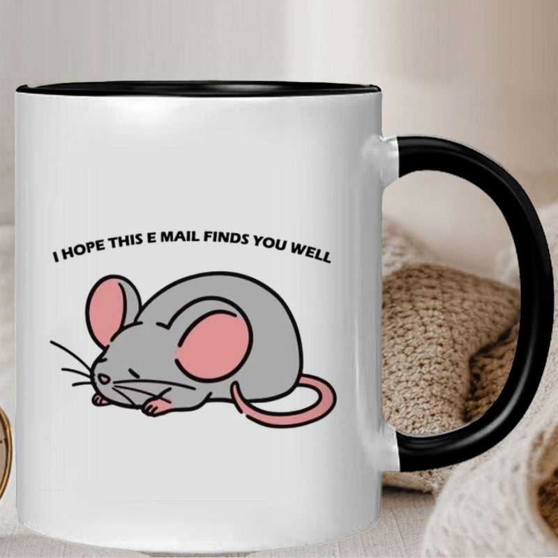 Tailorly Black Accent 11 oz Mug - cartoon style mouse， saying "i this finds you well"
