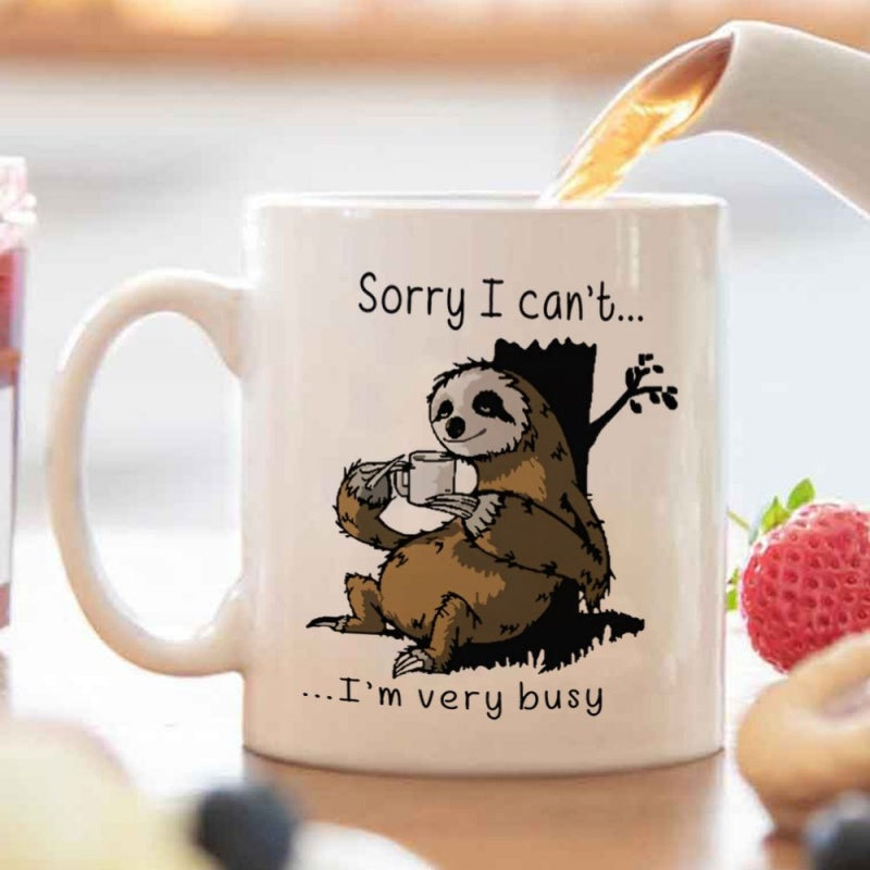 Tailorly White Ceramic 11 oz Mug - funny sloth drinking pattern