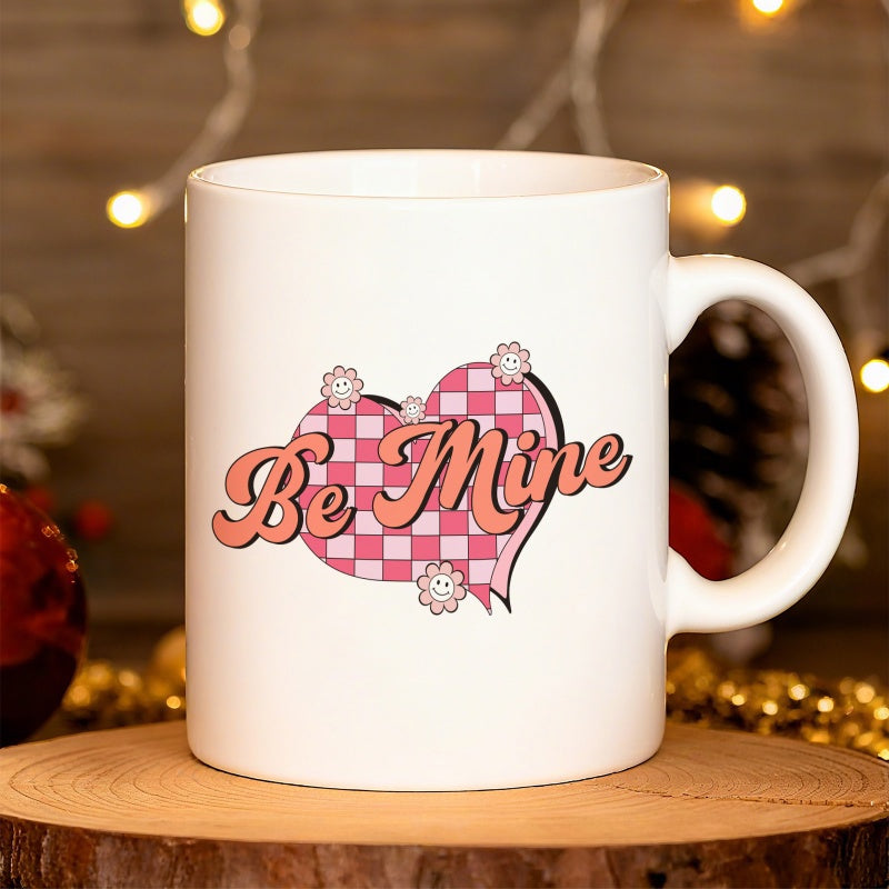 Tailorly White Ceramic 11 oz Mug - romantic heart shaped pink checkered pattern
