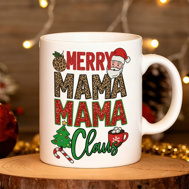 Tailorly White Ceramic 11 oz Mug - merry mama claus with santa hat and tree