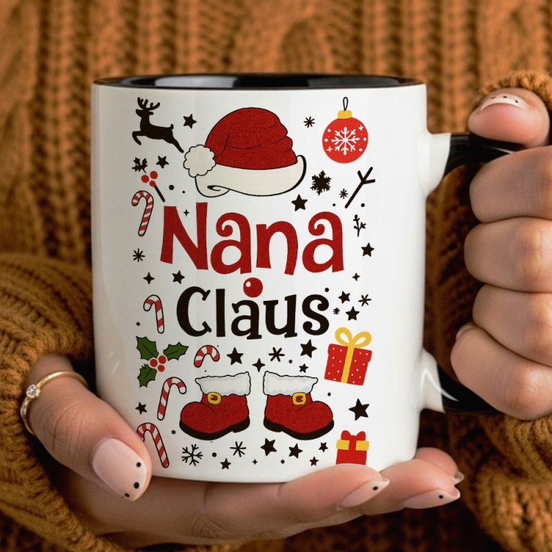 Tailorly Black Accent 11 oz Mug - claus christmas mug with santa hat reindeer candy cane snowflake patterns