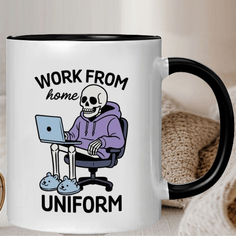 Tailorly Black Accent 11 oz Mug - skeleton in hoodie using laptop