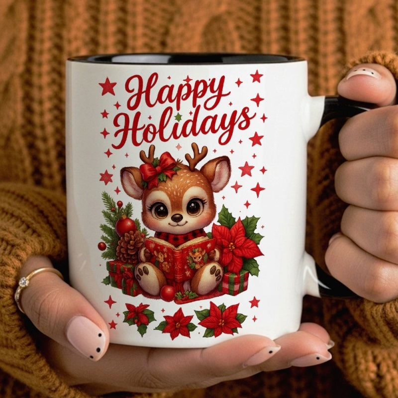 Tailorly Black Accent 11 oz Mug - cute reindeer poinsettia