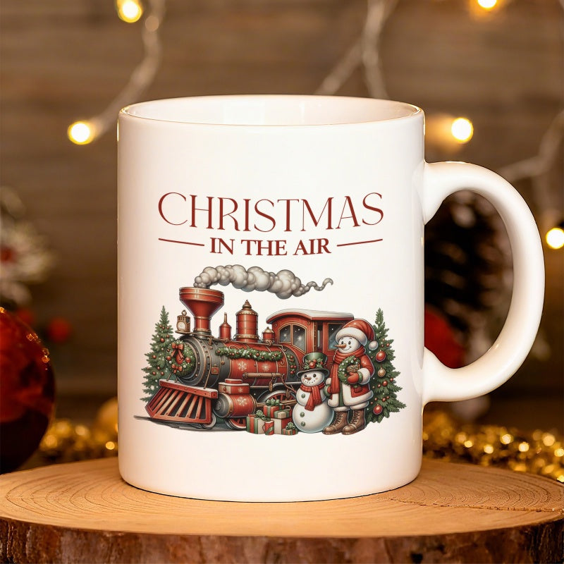 Tailorly White Ceramic 11 oz Mug - steam train and snowman with vintage Christmas lettering