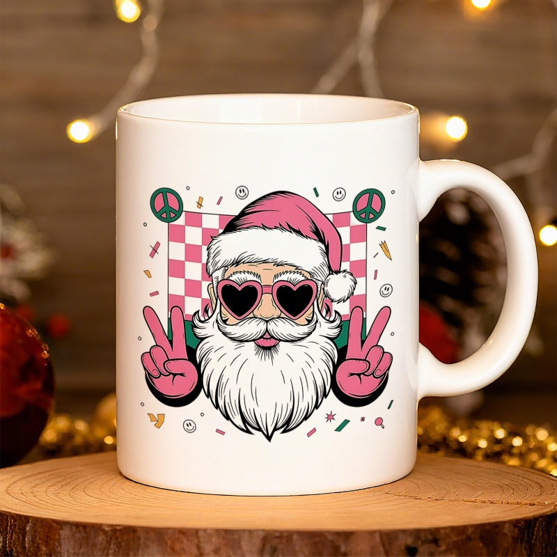 Tailorly White Ceramic 11 oz Mug - santa claus with red hat and heart shaped glasses