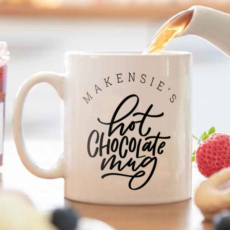 Tailorly White Ceramic 11 oz Mug - cursive hot chocolate lettering stylish calligraphy