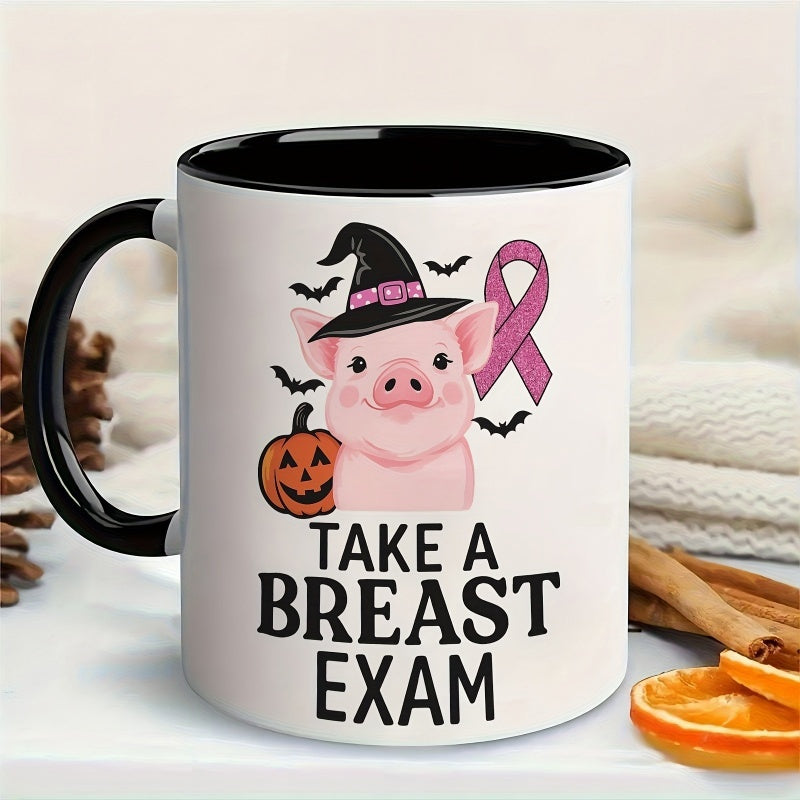 Tailorly Black Accent 11 oz Mug - breast awareness with female symbol and pink witch bats
