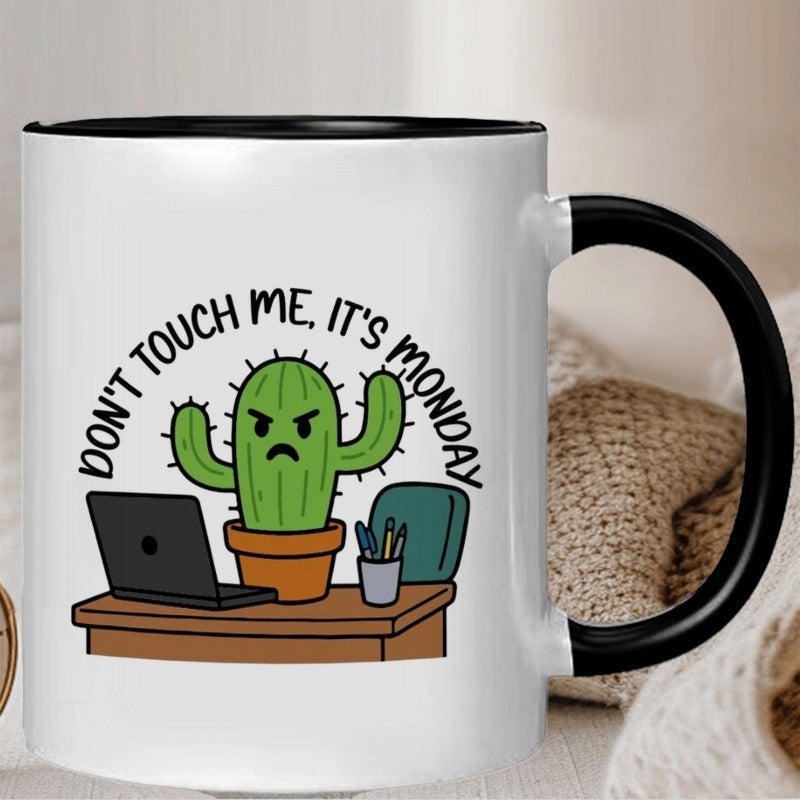 Tailorly Black Accent 11 oz Mug - cactus coffee mug with "humorous dont its monday" text and office scene