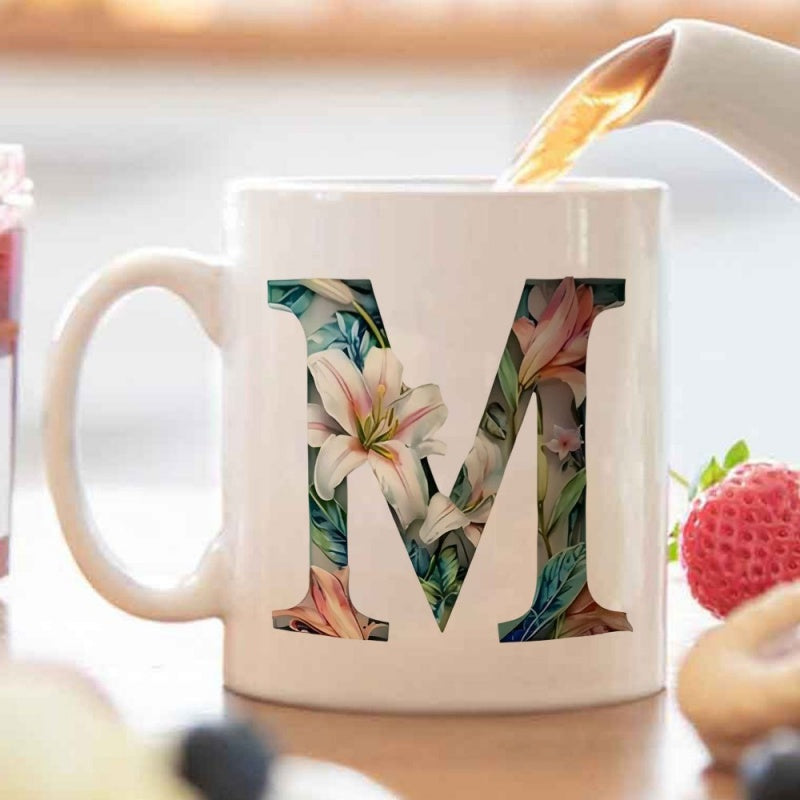 Tailorly White Ceramic 11 oz Mug - floral monogram letter m