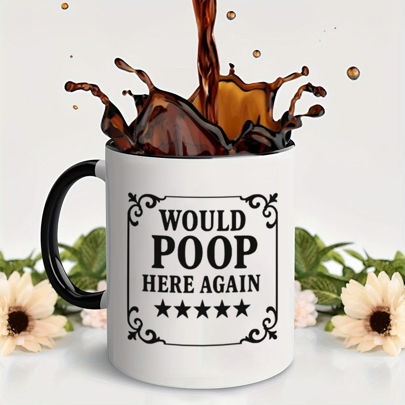 Tailorly Black Accent 11 oz Mug - funny "would poop here again" text with poop pattern