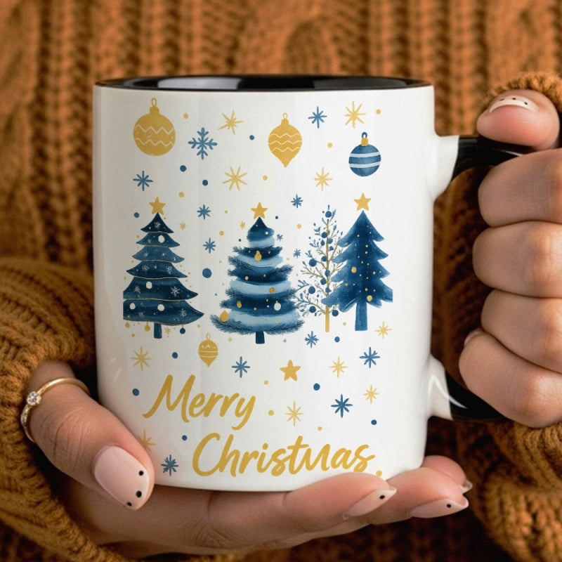 Tailorly Black Accent 11 oz Mug - blue xmas trees and snowflakes
