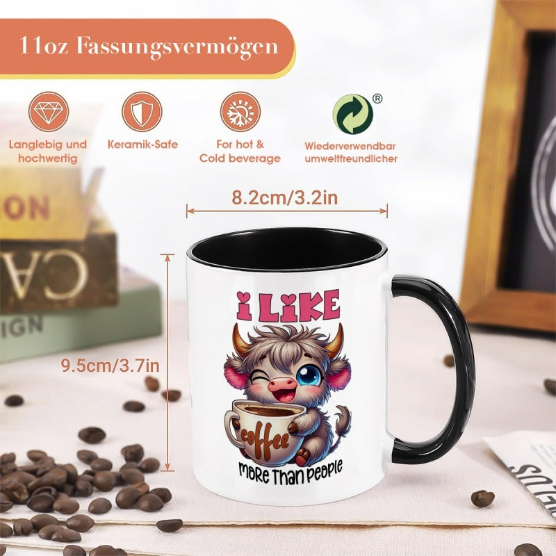 Tailorly Black Accent 11 oz Mug - cute scottish highland cow with "funny i like than people" slogan