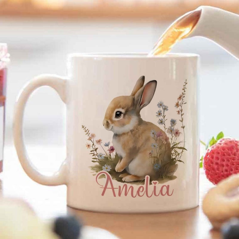 Tailorly White Ceramic 11 oz Mug - cute watercolor bunny floral rabbit