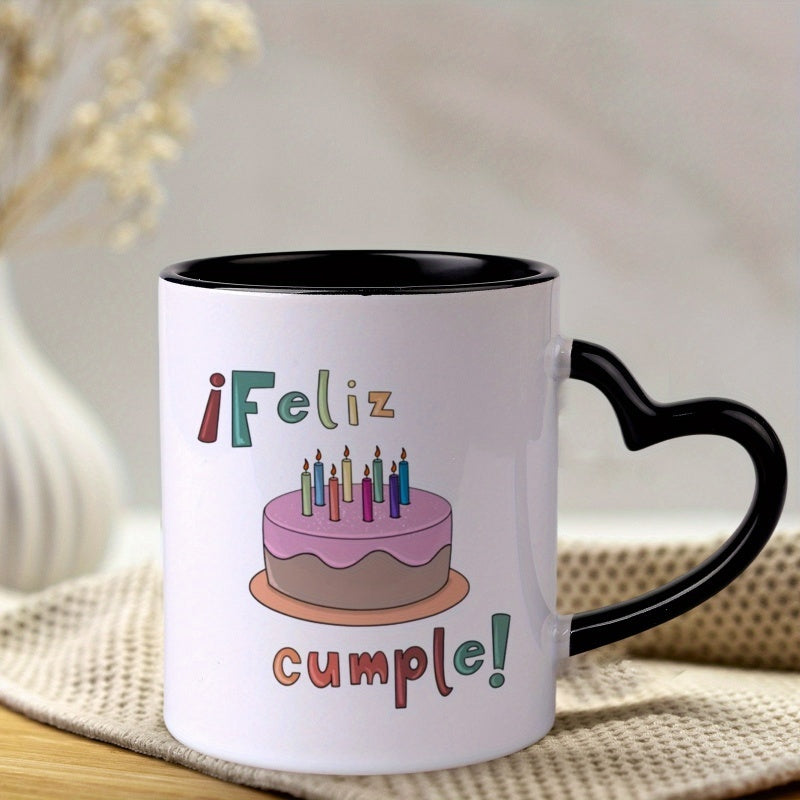 Tailorly Black Accent 11 oz Mug - heart shaped handle colorful cake candles lettering