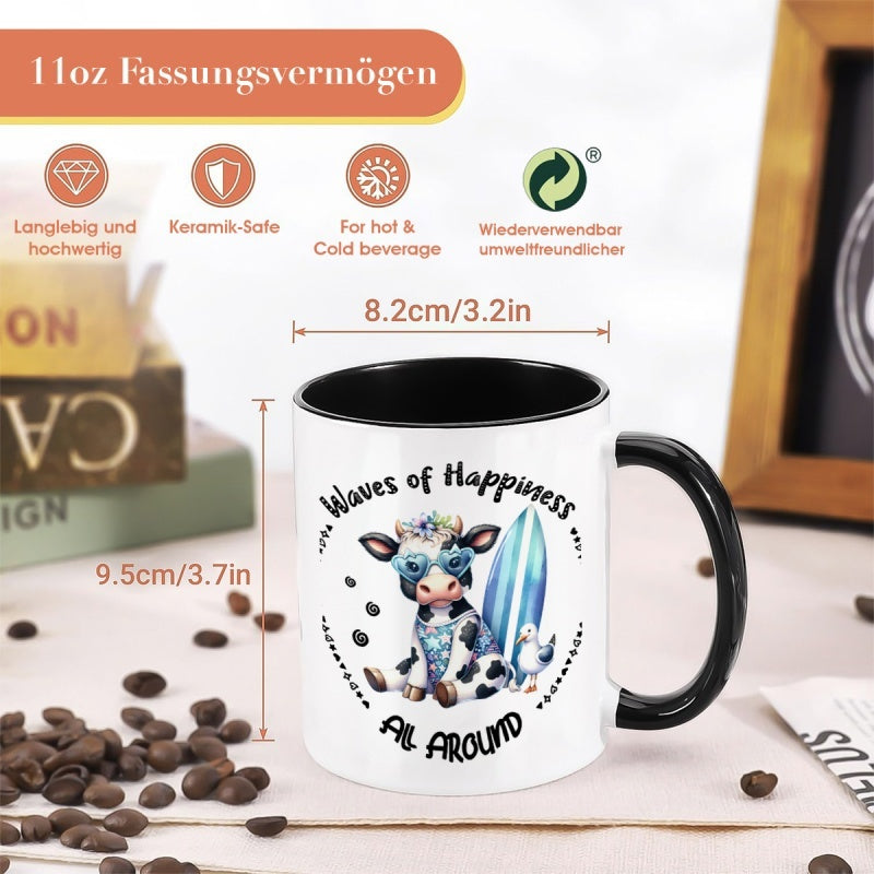 Tailorly Black Accent 11 oz Mug - surfing cow and seagull