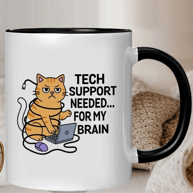 Tailorly Black Accent 11 oz Mug - funny tech cat with brain pattern