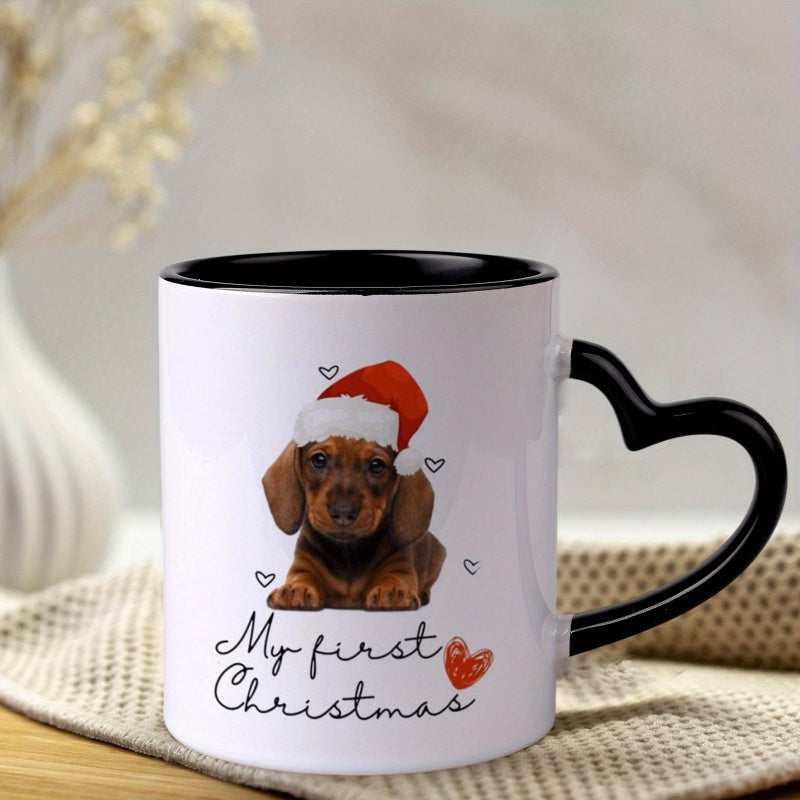 Tailorly Black Accent 11 oz Mug - heart shaped handle with adorable dachshund in santa hat Christmas design