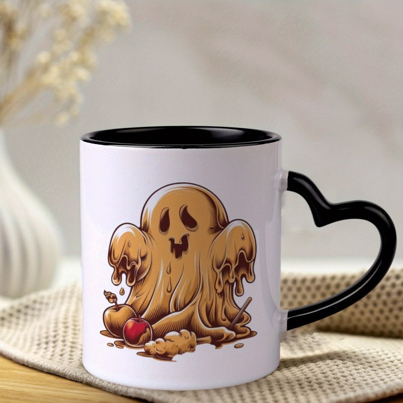 Tailorly Black Accent 11 oz Mug - heart shaped handle caramel design spooky halloween cow