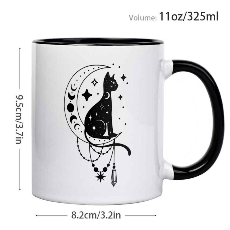 Tailorly Black Accent 11 oz Mug - mystical celestial cat with moon and stars