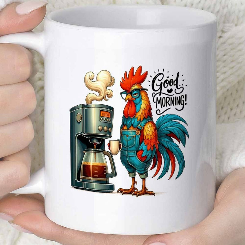 Tailorly White Ceramic 11 oz Mug - quirky rooster-themed design