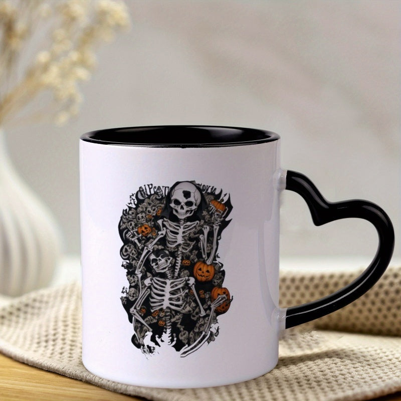 Tailorly Black Accent 11 oz Mug - 1pc 11oz ceramic mug with heart shaped handle spooky gothic skeleton jack o lantern design black white halloween coffee