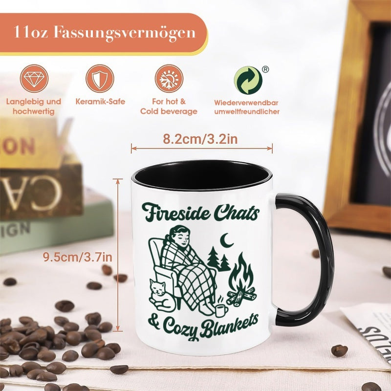 Tailorly Black Accent 11 oz Mug - campfire cat， blanket， book design