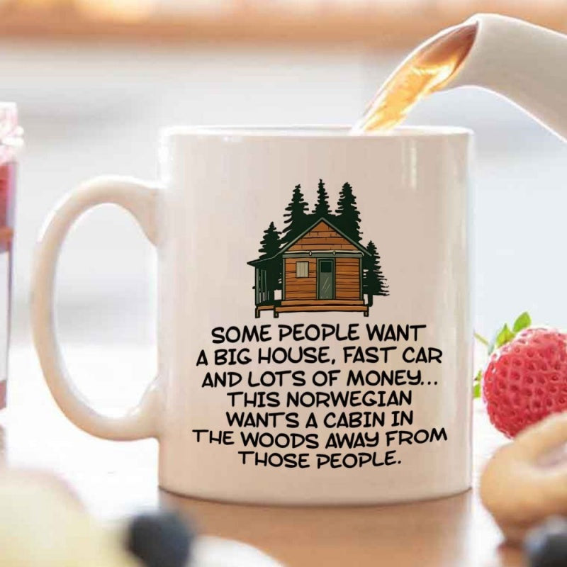 Tailorly White Ceramic 11 oz Mug - cabin themed pattern