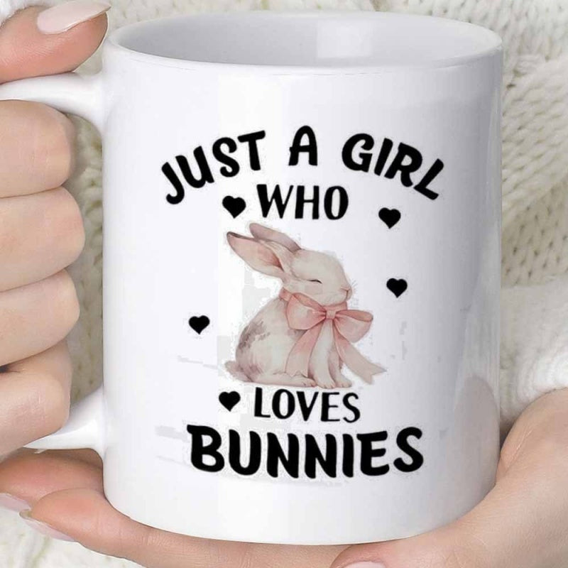 Tailorly White Ceramic 11 oz Mug - one novelty mug featuring bunnies and a girl coffee or juice with a capacity of 11 ounces or 360 milliliters a fun