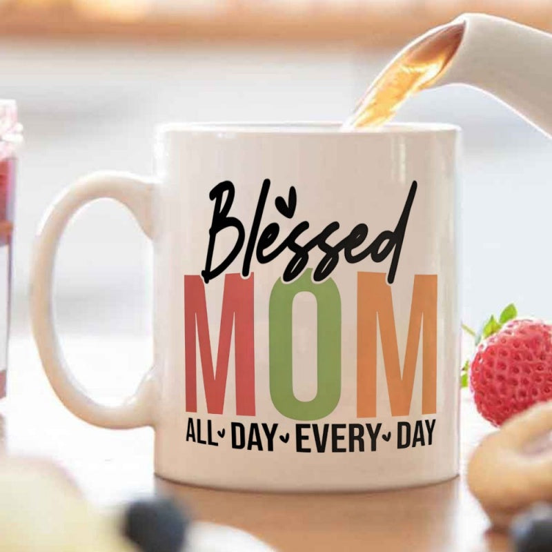 Tailorly White Ceramic 11 oz Mug - inspirational blessed mom lettering colorful