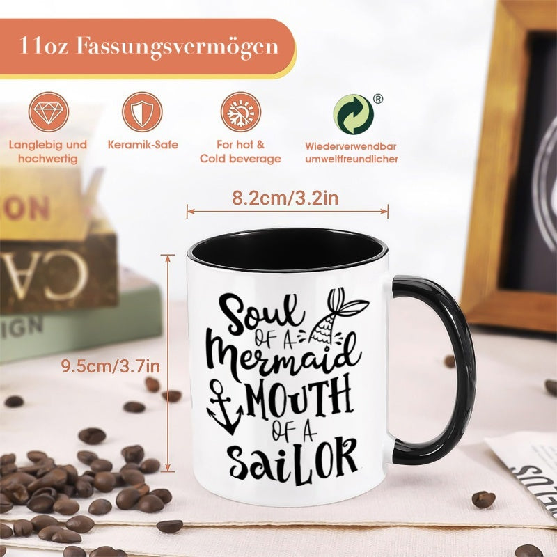 Tailorly Black Accent 11 oz Mug - nautical mermaid sailor design "soul of a mermaid mouth of a sailor" quote maritime theme