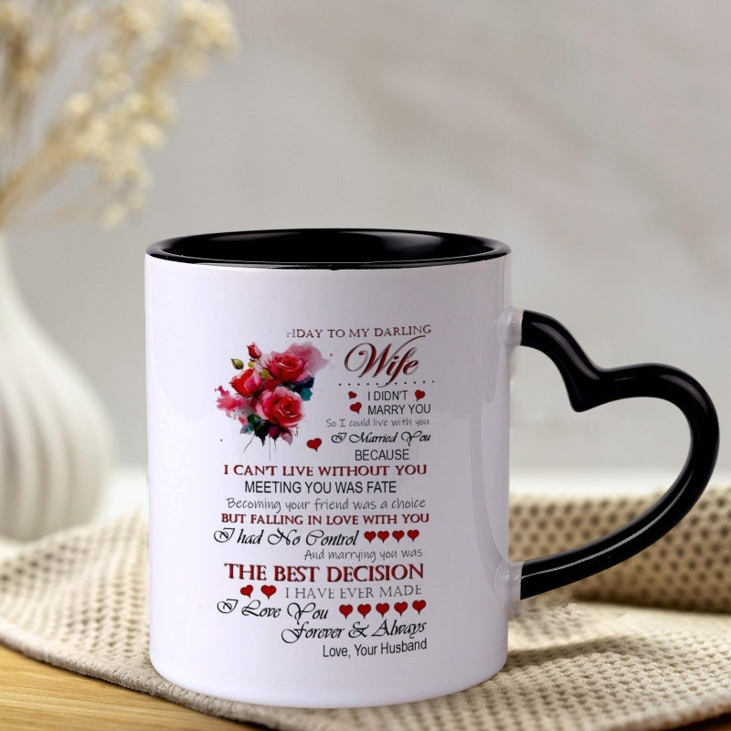 Tailorly Black Accent 11 oz Mug - heart shaped handle and romantic designs with messages