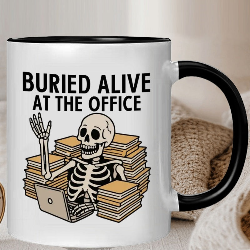 Tailorly Black Accent 11 oz Mug - skeleton and stacked papers
