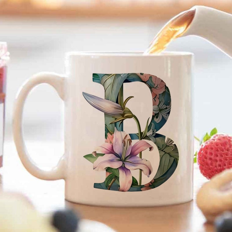 Tailorly White Ceramic 11 oz Mug - elegant large floral pattern in pink green teal