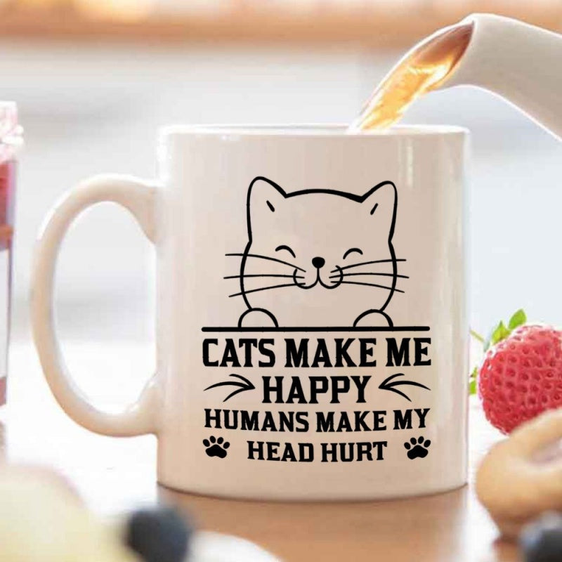 Tailorly White Ceramic 11 oz Mug - funny cat humans make hurt saying black cat paws