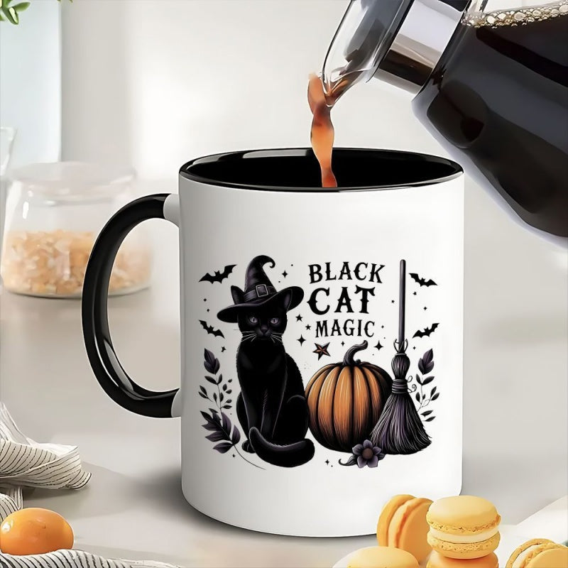 Tailorly Black Accent 11 oz Mug - black cat and witch bats