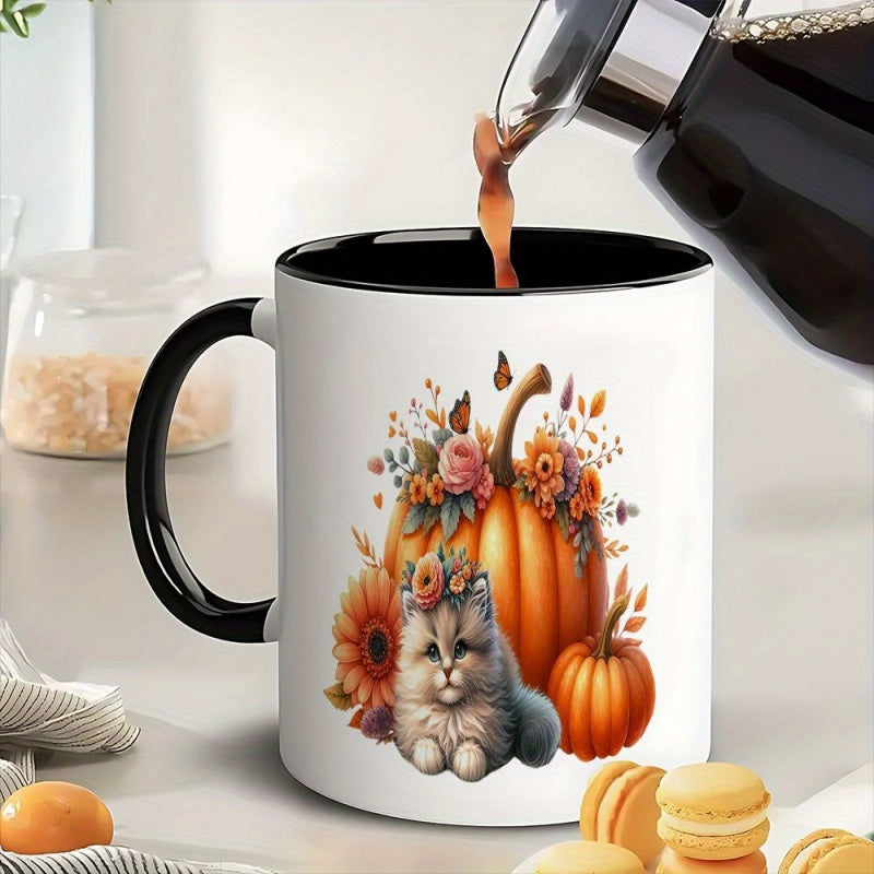 Tailorly Black Accent 11 oz Mug - cute gray tabby kitten pumpkin floral autumn design