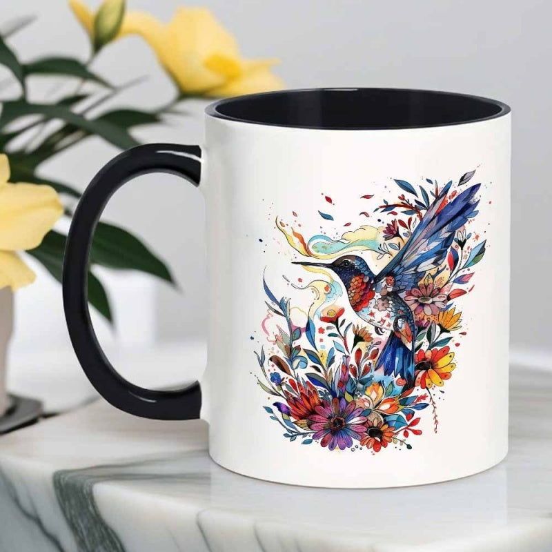 Tailorly Black Accent 11 oz Mug - vibrant red blue floral hummingbird