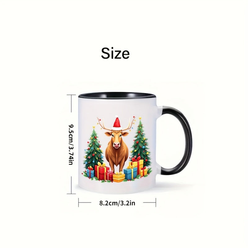 Tailorly Black Accent 11 oz Mug - cute cow wearing santa hat festive reindeer presents