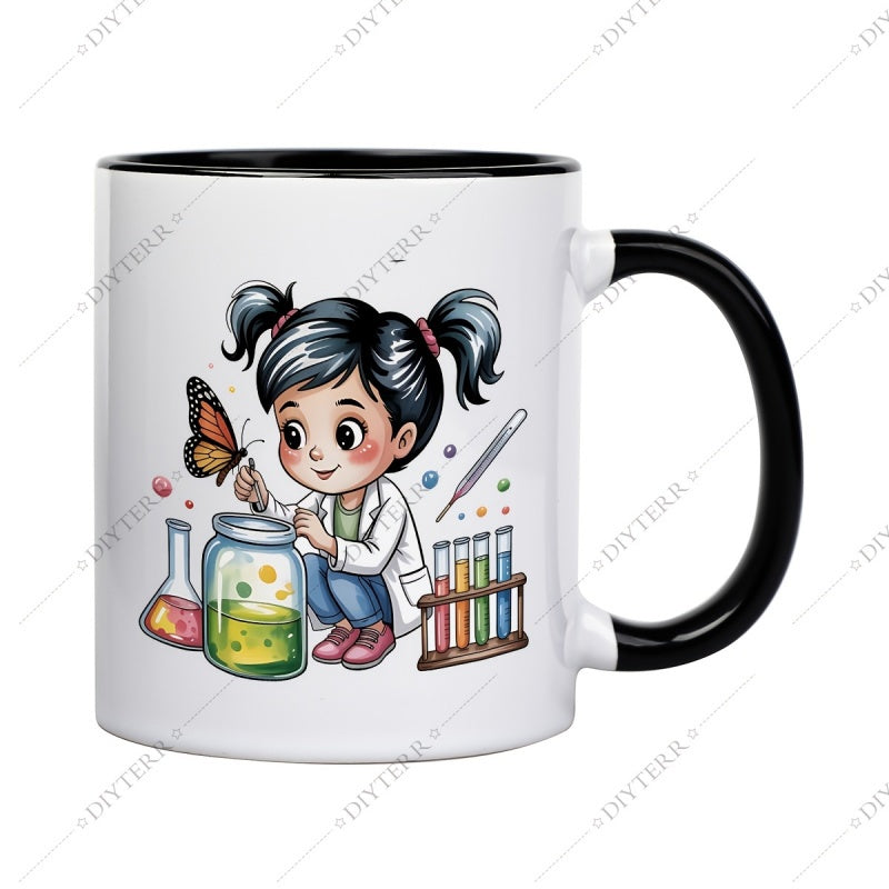 Tailorly Black Accent 11 oz Mug - scientist holding a surrounded tools test tubes and glowing