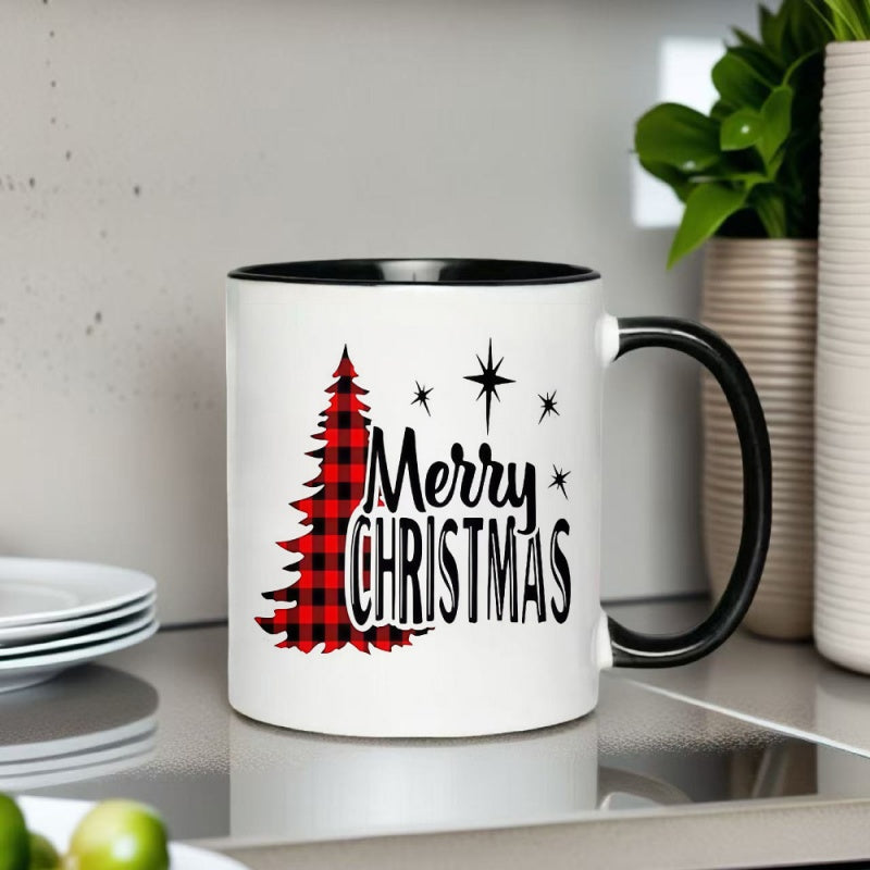 Tailorly Black Accent 11 oz Mug - merry christmas text red tree black star topper