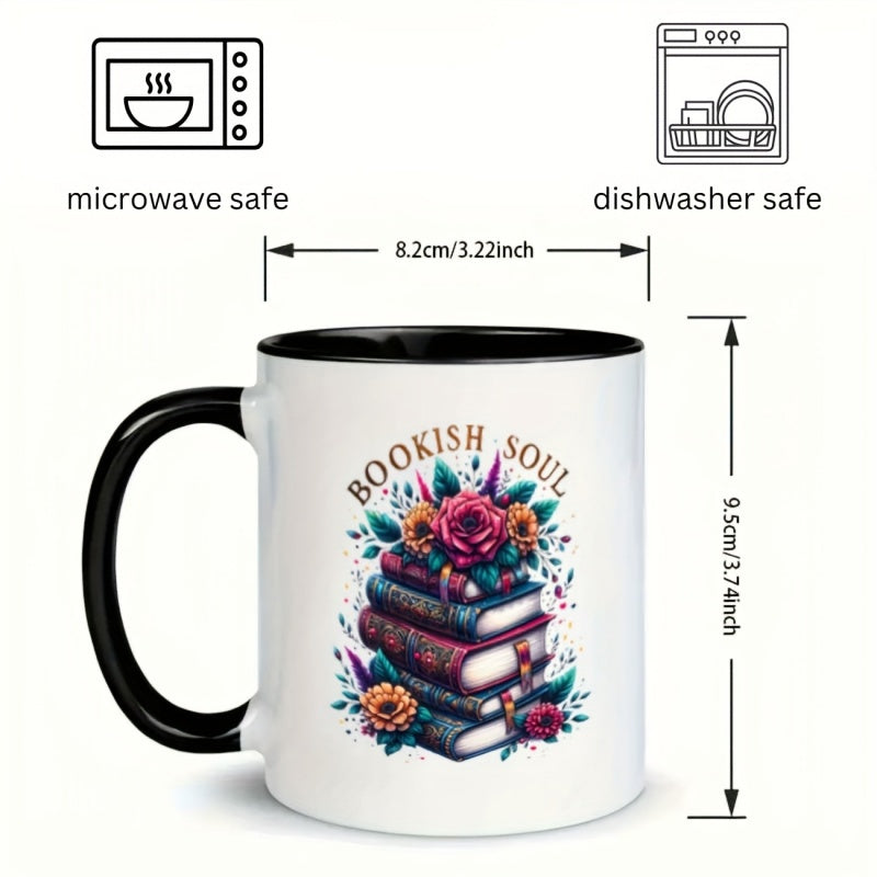 Tailorly Black Accent 11 oz Mug - vibrant floral book stack illustration