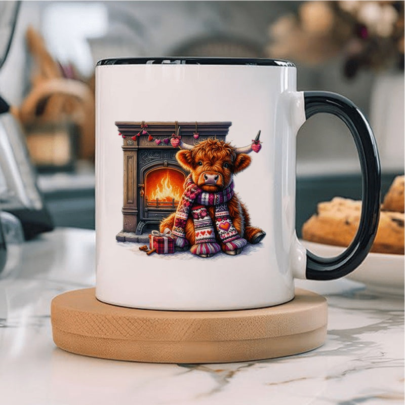 Tailorly Black Accent 11 oz Mug - cute scottish highland cow with scarf and mittens double sided fireplace calf design
