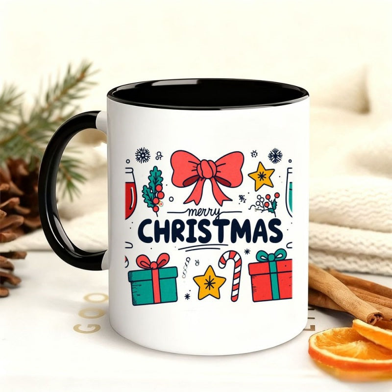 Tailorly Black Accent 11 oz Mug - 1pc ceramic cup1pcs funny christmas mug with red bow merry christmas text white black two tone ceramic coffee cup