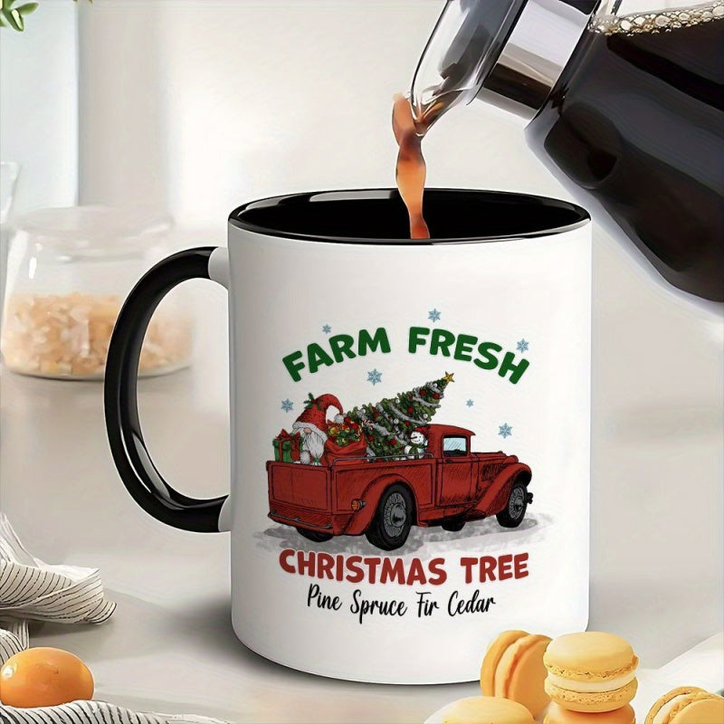 Tailorly Black Accent 11 oz Mug - christmas truck with snowy landscape and festive elements