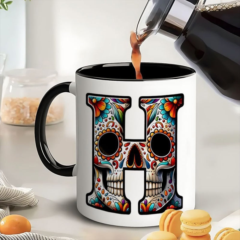 Tailorly Black Accent 11 oz Mug - skull coffee mug with of the dead design