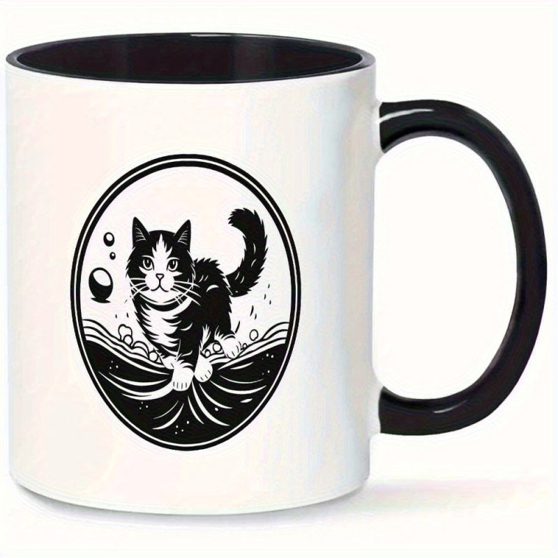 Tailorly Black Accent 11 oz Mug - artistic black and white cat illustration in circular water design