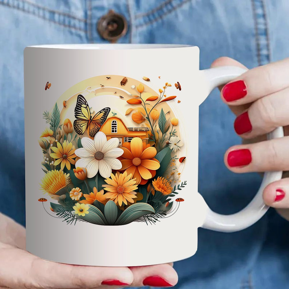Tailorly White Ceramic 11 oz Mug - house design vibrant flowers artwork