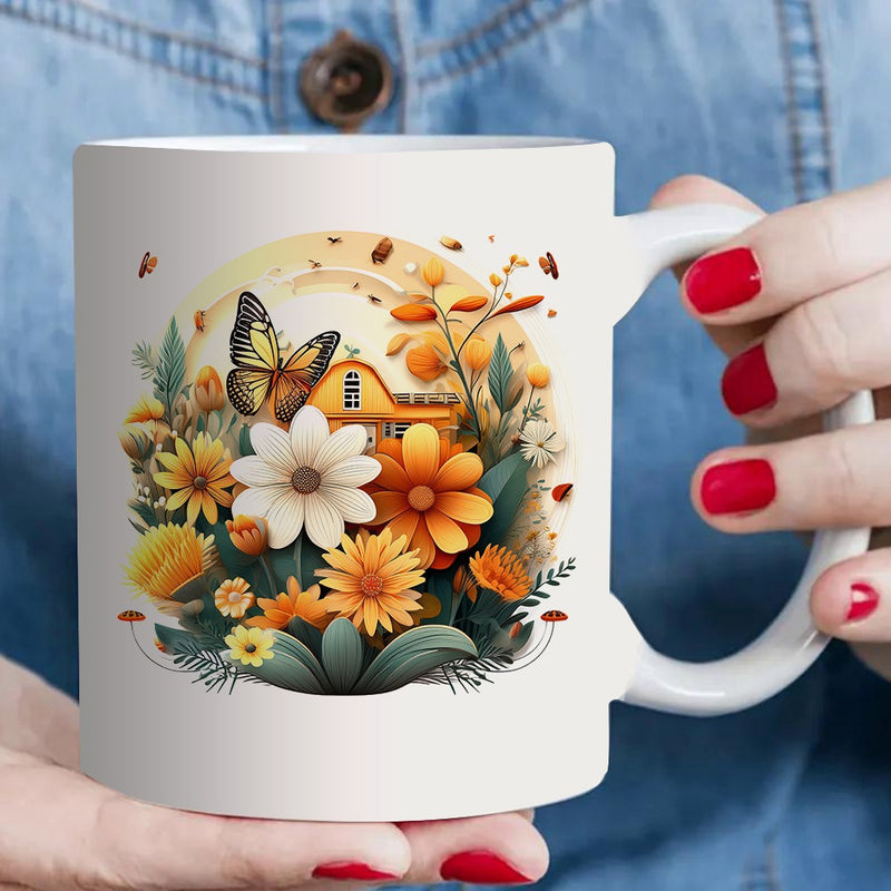 Tailorly White Ceramic 11 oz Mug - house design vibrant flowers artwork
